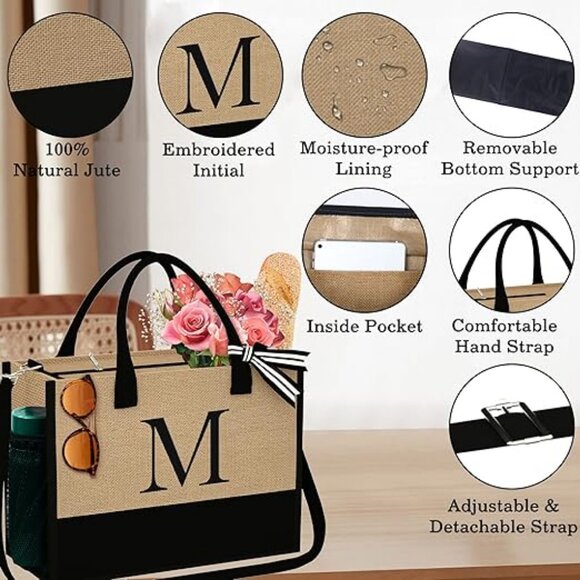 Initial Jute Tote Bag & Makeup Bag, Birthday Gifts for Women Her Mom Teacher - Picture 3 of 6